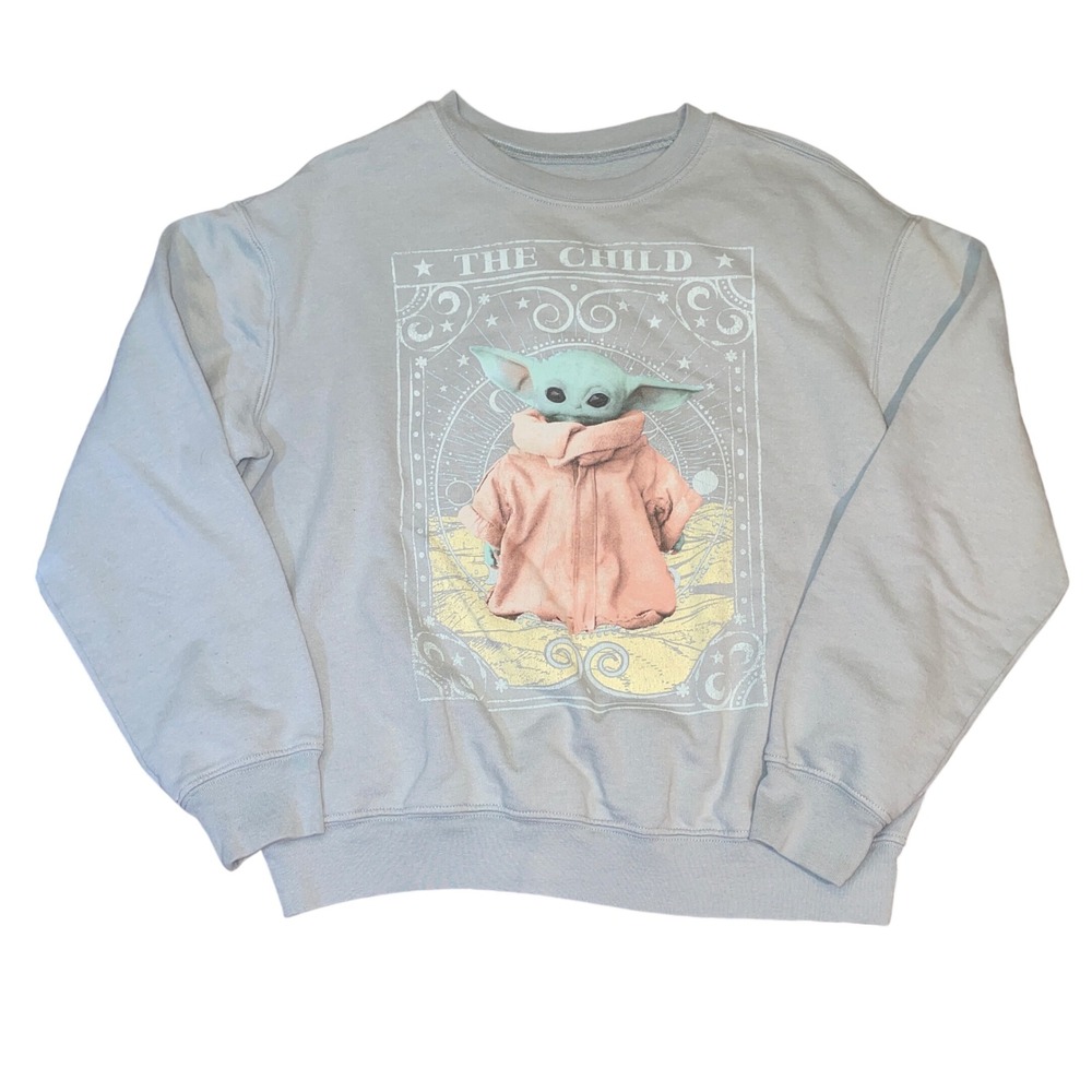 Star Wars The Child Baby Yoda Grogu Graphic Sweatshirt Pale Blue/Green Small